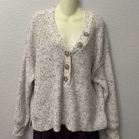 a.n.a Sweaters - a.n.a Womens Oatmeal Marled Long Sleeve Y-Neck Pullover Henley Sweater